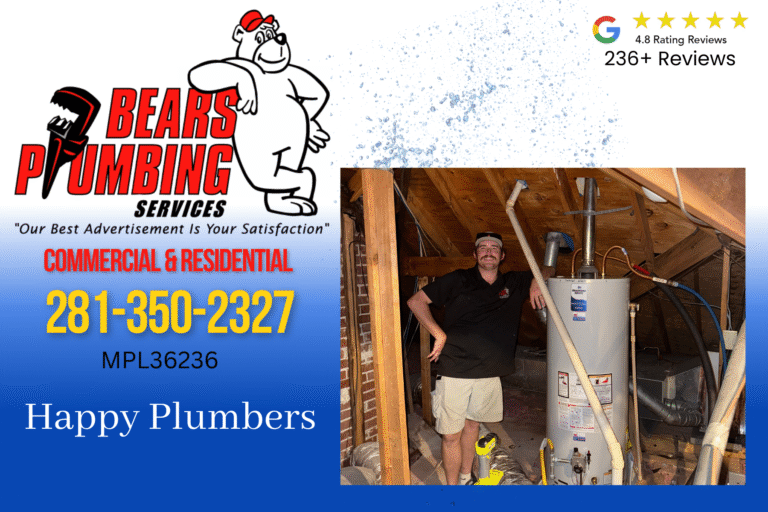 Clayton, Bear’s Plumbing technician, smiling after installing a water heater in a customer’s attic in Spring, TX