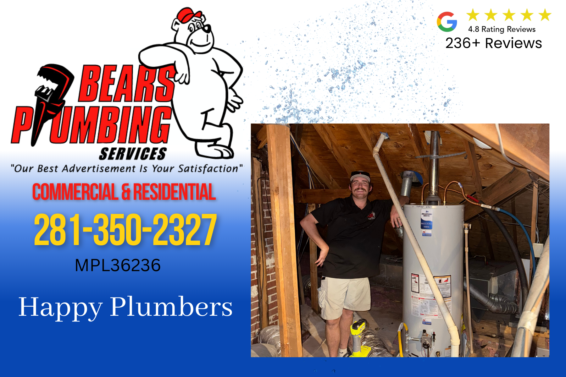 Clayton, Bear’s Plumbing technician, smiling after installing a water heater in a customer’s attic in Spring, TX