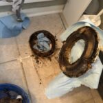 Rotted subfloor caused by a long-term leaking toilet flange in a Spring, TX home